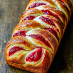 A sliced brioche loaf showing bright raspberry swirls against a golden, flaky interior.