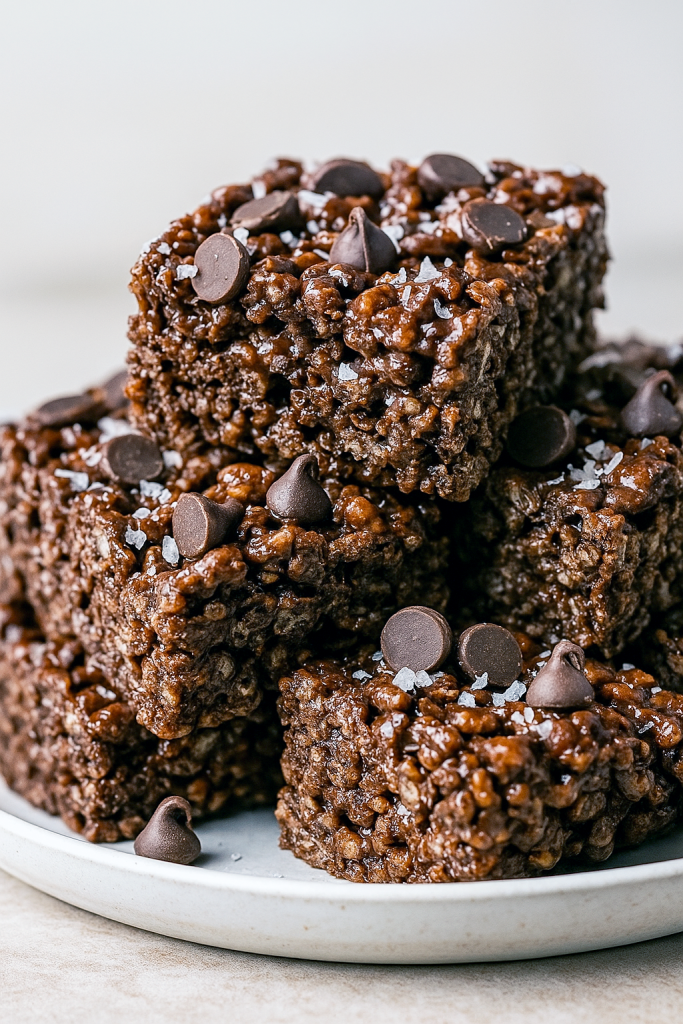 Square chocolate marshmallow cereal bars stacked on a white plate, each with melty chocolate chips and a sprinkle of sea salt, showcasing chewy and crunchy layers for a decadent treat.