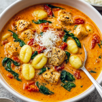 A steaming white bowl filled with rich, creamy chicken soup studded with gnocchi, sun‑dried tomatoes, and spinach, topped with grated Parmesan and served alongside a crusty baguette.