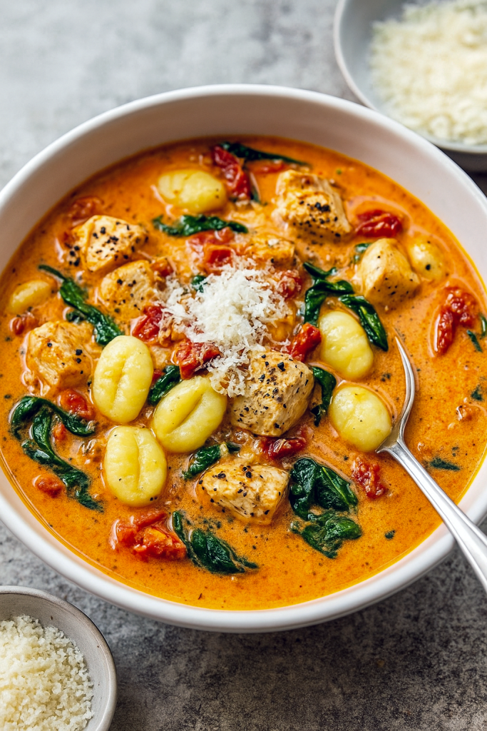 A steaming white bowl filled with rich, creamy chicken soup studded with gnocchi, sun‑dried tomatoes, and spinach, topped with grated Parmesan and served alongside a crusty baguette.