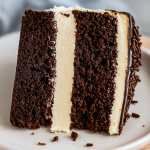 A tall, frosted Guinness Chocolate layer cake on a cake stand, dripping with ganache, decorated with chocolate curls and a swirl of buttercream—showcasing the ultimate Rich Guinness Chocolate Cake for lovers of Irish Desserts, Cocoa Cake, and upscale Birthday Desserts.