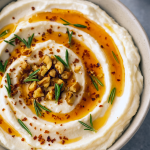 A bowl of whipped ricotta topped with spicy honey and chopped walnuts, surrounded by crisp crostini—an Easy Appetizers No Bake delight perfect for Wine Night Food Ideas.