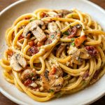 Creamy spaghetti with mushrooms and crispy bacon in a white sauce, served in a white bowl – perfect for Spaghetti And Mushroom Recipes, Entrees With Mushrooms, and cozy Easy Fall Pasta Recipes.
