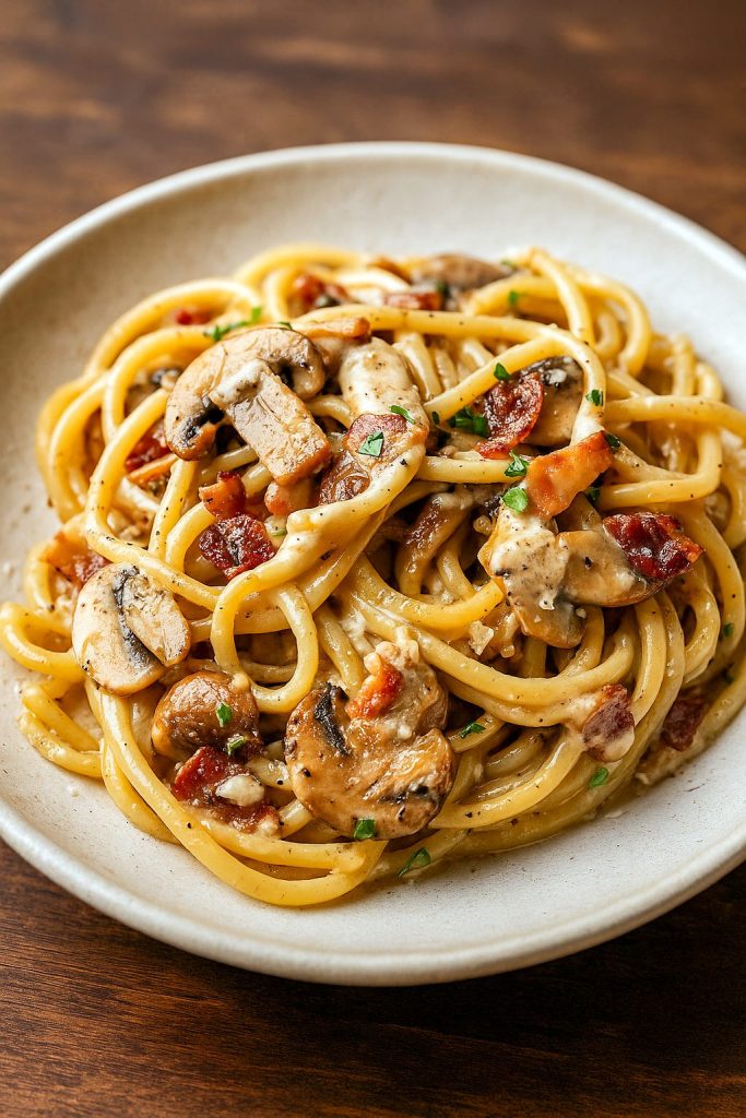Creamy spaghetti with mushrooms and crispy bacon in a white sauce, served in a white bowl – perfect for Spaghetti And Mushroom Recipes, Entrees With Mushrooms, and cozy Easy Fall Pasta Recipes.