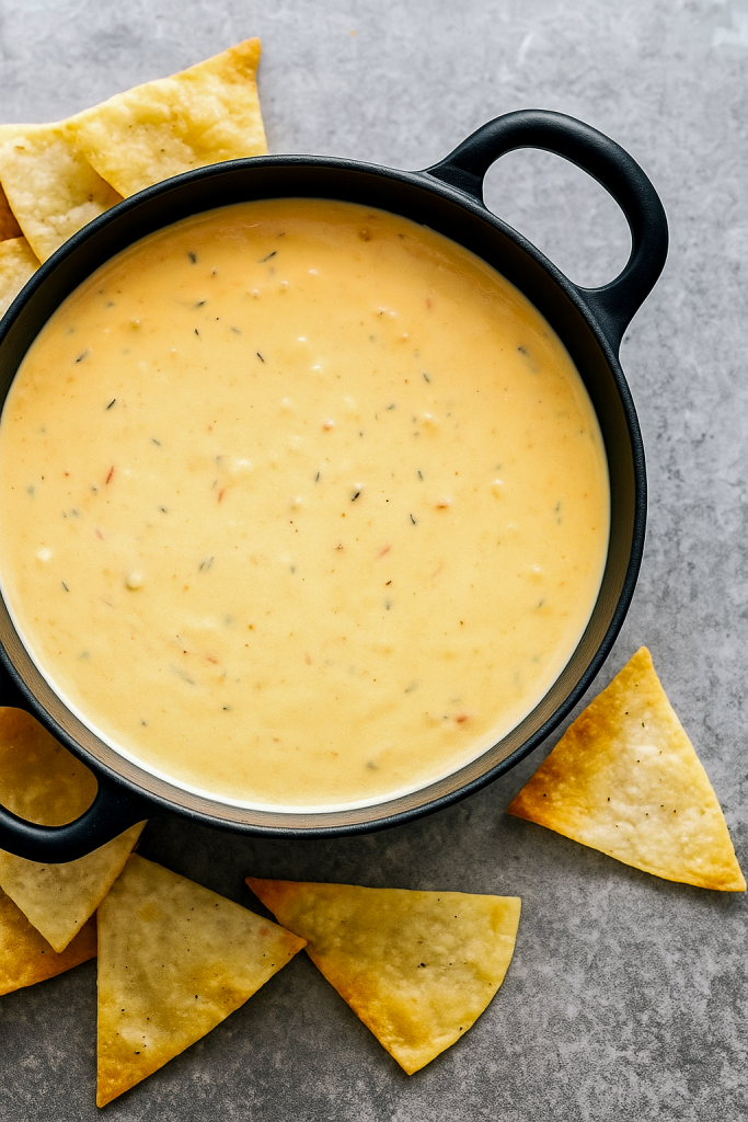 A bowl of creamy Tex Mex Queso Dip topped with cilantro and diced tomatoes, surrounded by crispy tortilla chips.