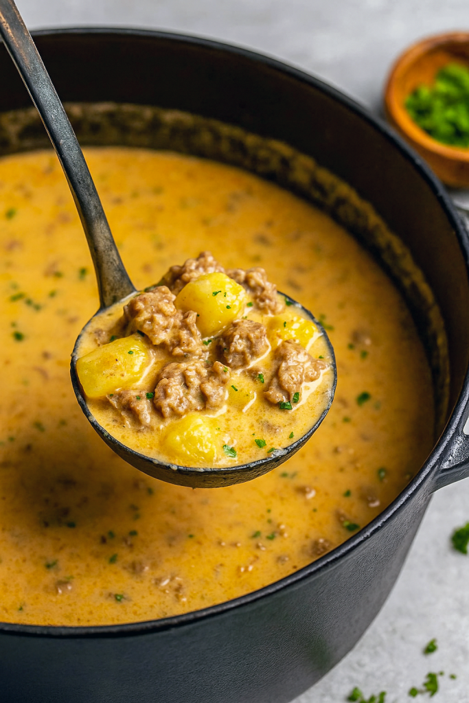 A steaming bowl of creamy potato soup topped with shredded cheddar and parsley, showcasing a rich base of ground beef and diced potatoes.