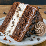Two-tiered chocolate cake filled with Oreo cheesecake layers and glossed with ganache—Oreo Cheesecake Chocolate Cake.