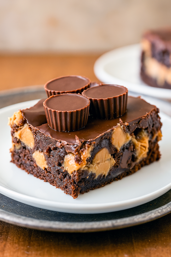 A slice of rich chocolate cake swirled with peanut butter cream cheese frosting, studded with chopped Reese’s cups, resting on a white plate with a scoop of vanilla ice cream.
