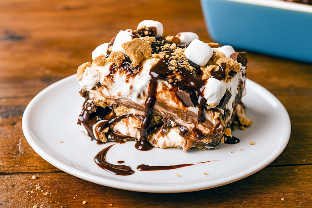 A 9×9 pan filled with layered no‑bake dessert, showing alternating stripes of chocolate pudding, peanut butter filling, and marshmallow cream topped with mini marshmallows and chocolate chips—an irresistible S’mores Lasagna Dessert, also described as Peanut Butter S'mores Cake, No Bake Chocolate Peanut Butter Lasagna, Reese’s Chocolate Peanut Butter Cup Lasagna, and even Peanut Butter Cookie Lasagna, perfect for No Bake Summer Desserts, S'mores, Baking Sweets, and Yummy Sweets.