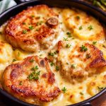 Golden-brown pork chop smothered in creamy onion gravy, served atop a stack of tender scalloped potato slices, garnished with fresh parsley and a side of roasted green beans.
