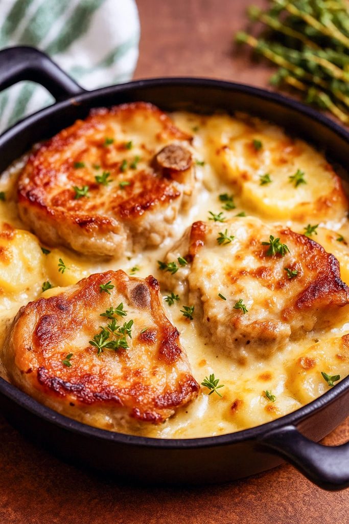 Golden-brown pork chop smothered in creamy onion gravy, served atop a stack of tender scalloped potato slices, garnished with fresh parsley and a side of roasted green beans.