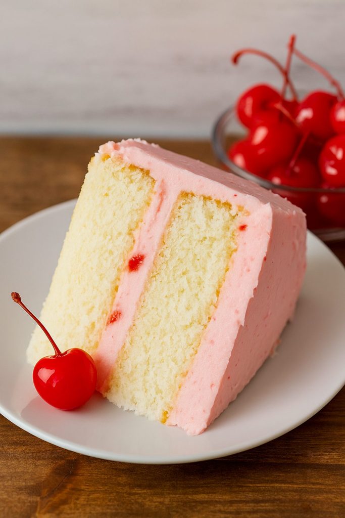 Moist Almond Cakes layered with creamy cherry frosting, topped with juicy cherries for a stunning Cherry And Almond Cake – the ultimate Just Desserts treat for holidays, parties, or everyday Sweets Treats indulgence.