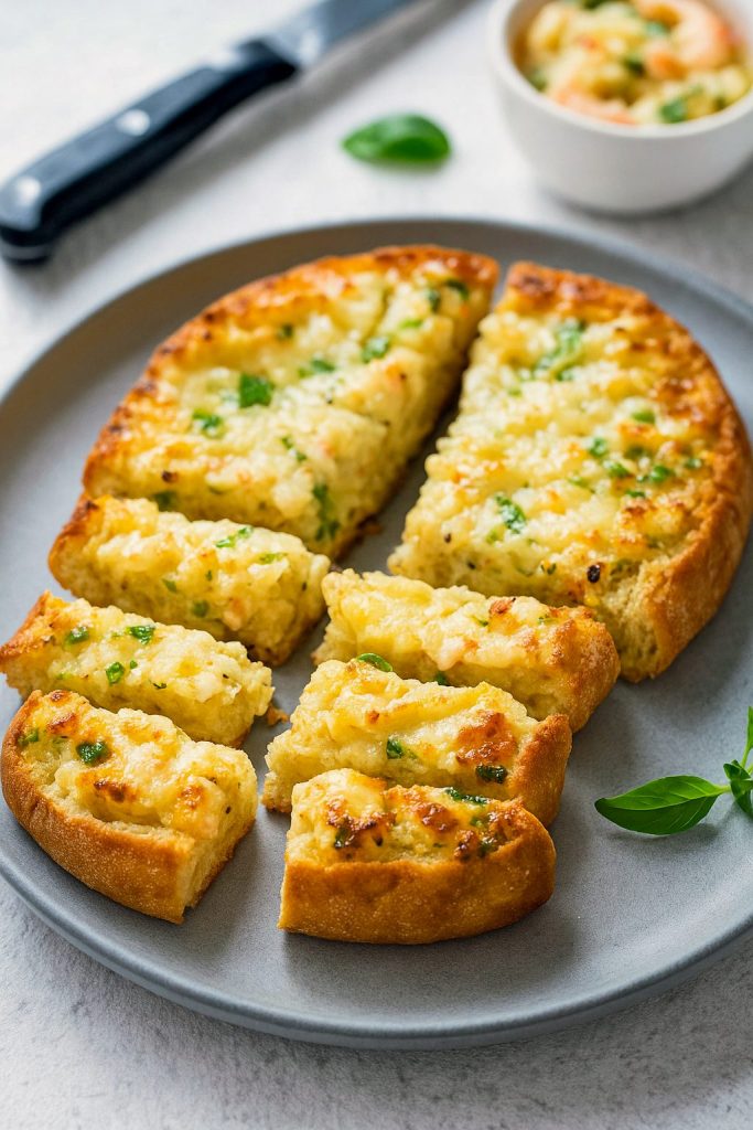 Golden, crispy Shrimp Toast topped with creamy garlic Baked Shrimp, perfect for Quick And Easy Appetizers, Shrimp Recipes Easy, and tasty Party Food Appetizers.