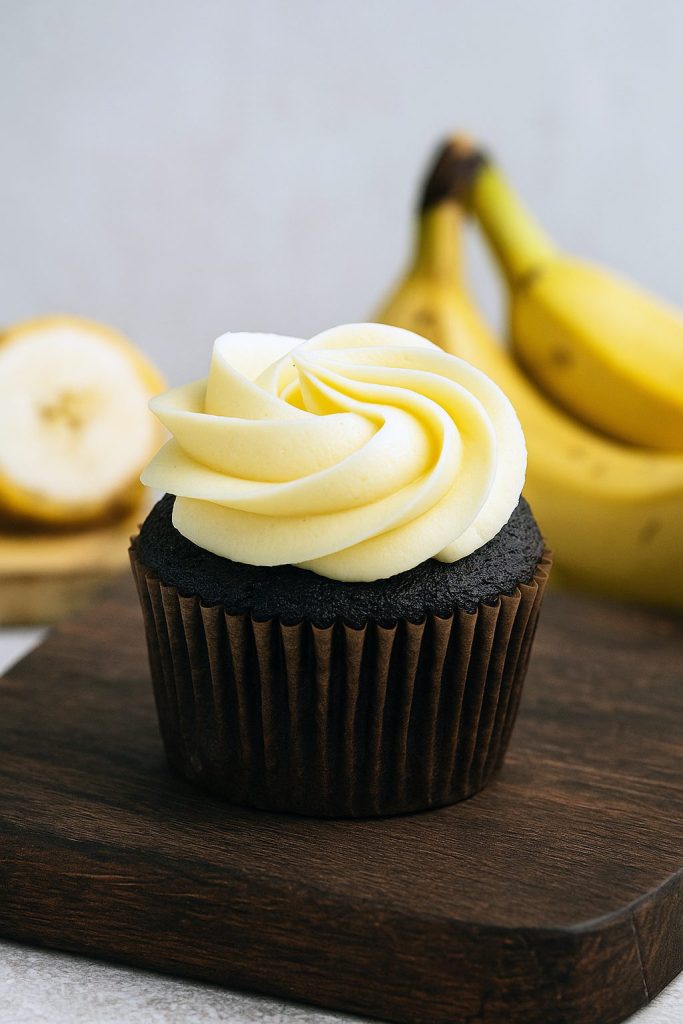 A bowl of fluffy Banana Buttercream Frosting with a spatula, ready to spread on a layer cake.