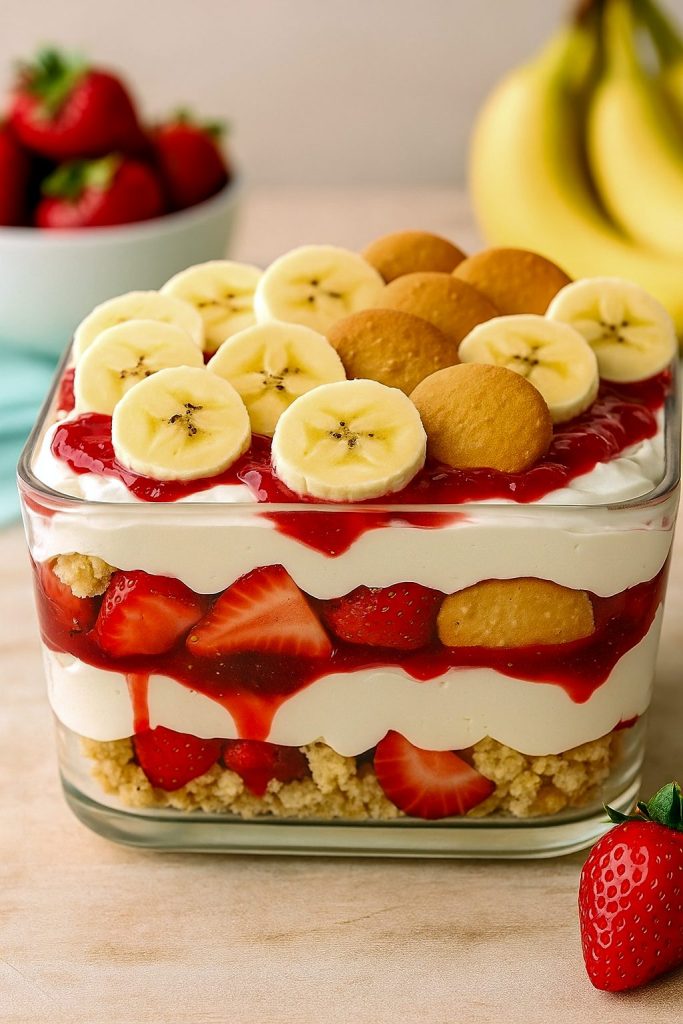 Layered Banana Wafer Pudding Dessert with sliced strawberries and bananas in a glass dish – a creamy, fruity No Bake Pudding that’s perfect as a quick and Dessert With Strawberries Easy twist on Banana Cream Recipes Desserts, inspired by Banana Split Pudding and Strawberry Shortcake No Bake, ideal for Banana Pudding For Two or party-sized Recipes With Banana Pudding – all without needing Banana Pudding No Cool Whip.