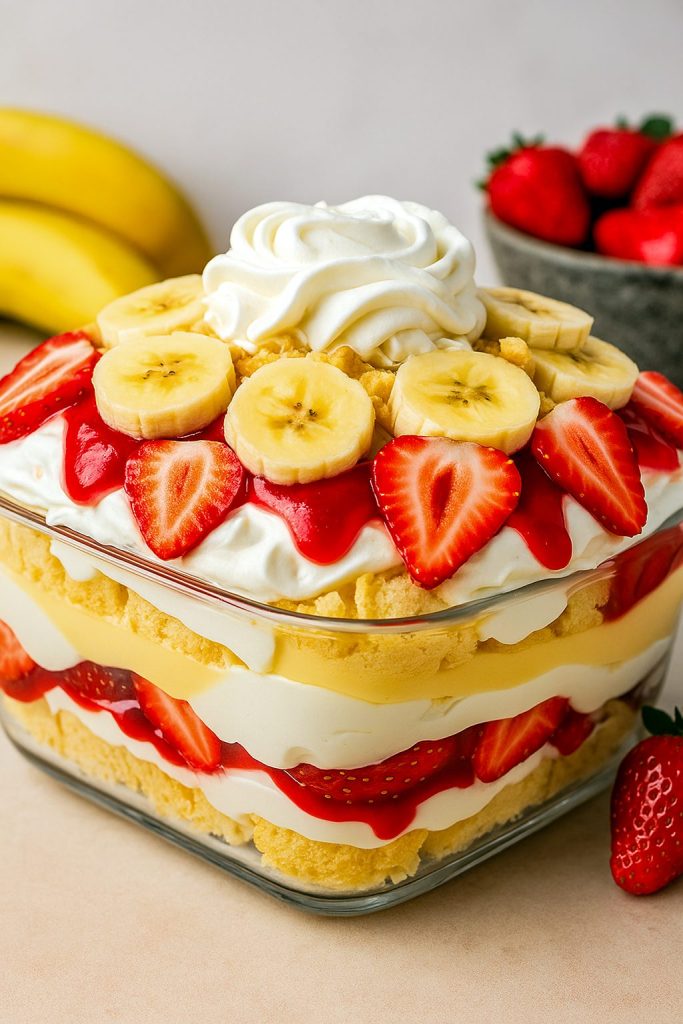 Layered Banana Wafer Pudding Dessert with sliced strawberries and bananas in a glass dish – a creamy, fruity No Bake Pudding that’s perfect as a quick and Dessert With Strawberries Easy twist on Banana Cream Recipes Desserts, inspired by Banana Split Pudding and Strawberry Shortcake No Bake, ideal for Banana Pudding For Two or party-sized Recipes With Banana Pudding – all without needing Banana Pudding No Cool Whip.