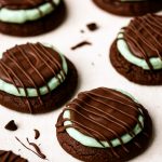 Row of glossy chocolate-mint cookies arranged on a tray, showcasing vibrant green frosting—an Easy At Home Baking Recipes choice that doubles as Green Desserts Easy and ideal for St Patrick's Day Baking or any festive gathering of St Patrick’s Treats.