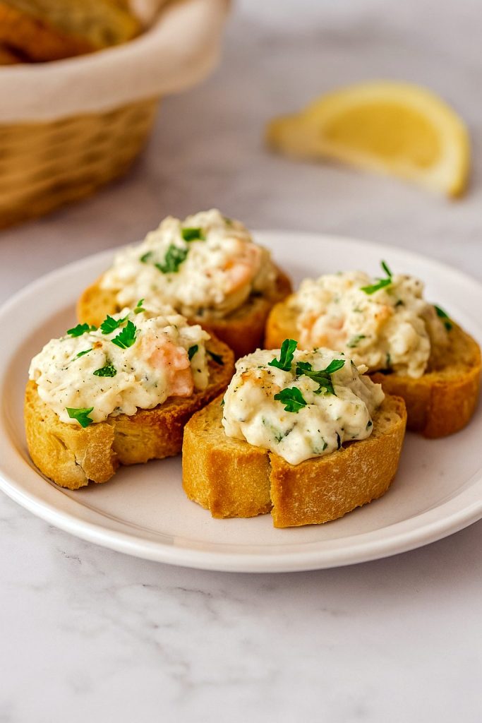 Cajun Shrimp Crostini topped with creamy crab spread on toasted baguette, a perfect springtime seafood appetizer and favorite party appetizer.