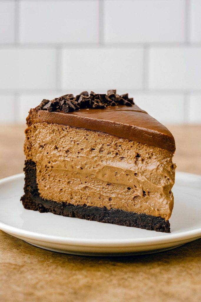 A rich and decadent No Bake Chocolate Chip Oreo Ganache Cheesecake with a smooth chocolate ganache topping and Oreo crust, showcasing a slice of Creamy Chocolate Cheesecake—perfect for anyone looking for Chocolate Cheesecake Recipes like Chocolate No Bake Cheesecake Simple or a festive No Bake Pumpkin Cheesecake alternative.