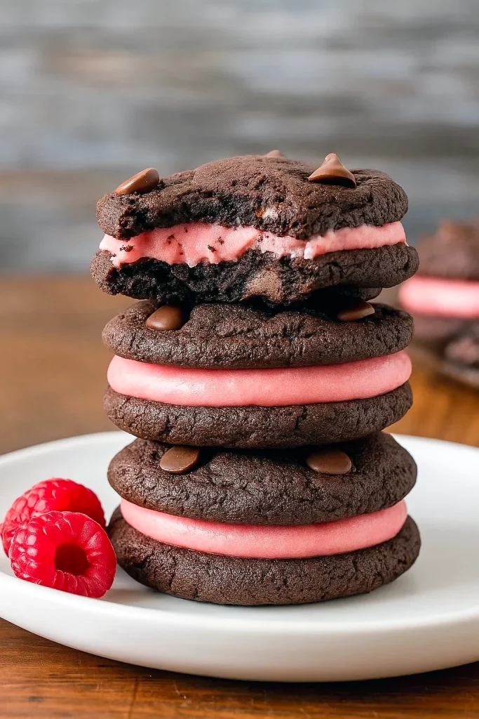 Stack of Chocolate Raspberry Sandwich Cookies filled with pink raspberry frosting, perfect for Valentines Baking and fans of Chocolate Raspberry Cheesecake Cookies or Homemade Raspberry Jam Sandwich Cookies.