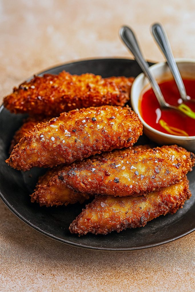 Close-up of crispy chicken strips coated in coconut and panko, perfect for Baked Coconut Chicken- Two Ways, showcasing an Idee Pasto Sano twist on classic Poultry Recipes.