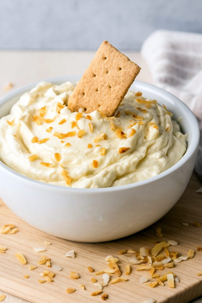 Bowl of creamy Coconut Cream Dip topped with toasted coconut, surrounded by graham crackers and wafers—perfect Dessert For Pool Party or summer gathering, showcasing one of the best Beachy Desserts and Yummy Dips Appetizers.