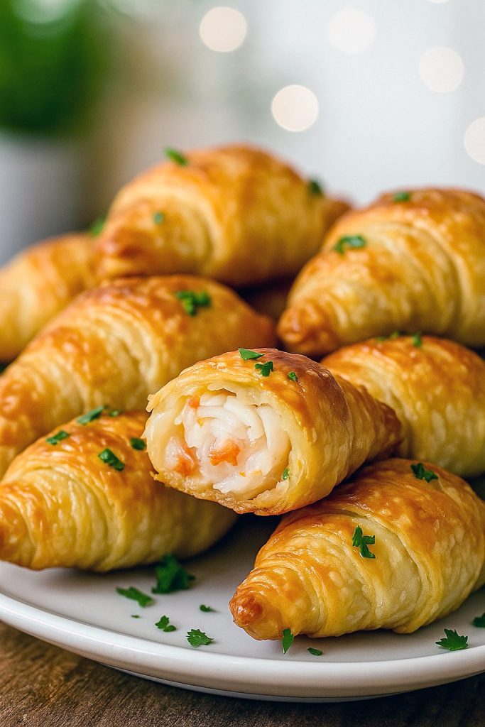 Golden-brown Crab Rangoon Crescent Rolls on a platter, filled with creamy crab mixture, perfect Sea Food Appetizers For Party and Crab Party Food, served as warm Oven Appetizers for holidays or gatherings.