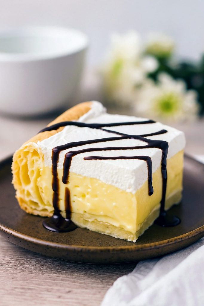 A golden puff pastry slab layered with smooth cream puff filling and topped with whipped cream and a drizzle of dark chocolate, served on a decorative white platter.