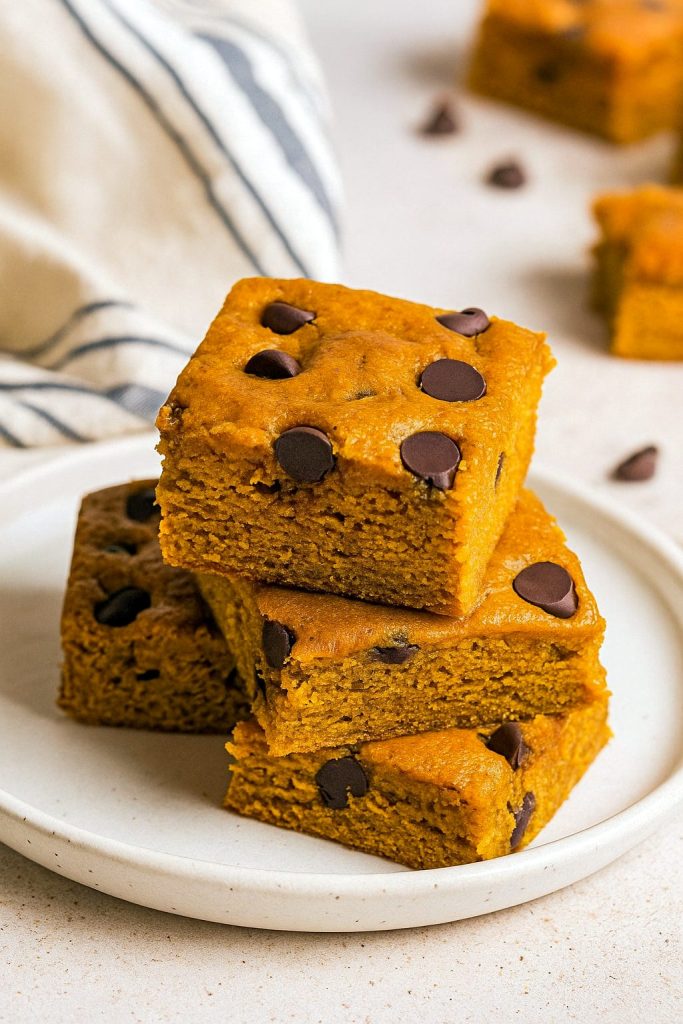 A tray of thick, chewy Pumpkin Spice Blondies studded with melty Chocolate Chip Bars, showcasing the gooey texture of a Pumpkin Blondies Recipe Easy and the cozy warmth of fall spices. Perfect for a Dessert Party, these squares echo both Chocolate Chip Blondies and a hearty Pumpkin Spice Blondie Recipe With Pumpkin Puree, with options for Vegan Pumpkin Blondies Recipe or Pumpkin Blondies Vegan versions, making this the ultimate Pumpkin Blondies Recipe.