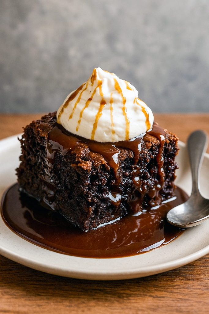 Rich, gooey Fudge Pudding Cake topped with vanilla ice cream, a simple Hot Pudding Cake made from pantry ingredients, perfect for chocolate lovers seeking Almost Homemade Desserts or easy Choc Pudding Cake Recipe ideas.