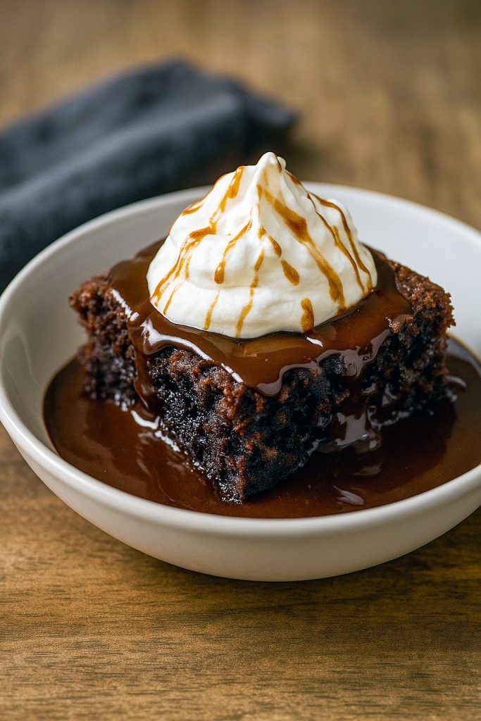 Rich, gooey Fudge Pudding Cake topped with vanilla ice cream, a simple Hot Pudding Cake made from pantry ingredients, perfect for chocolate lovers seeking Almost Homemade Desserts or easy Choc Pudding Cake Recipe ideas.