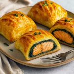 Golden puff pastry parcel sliced open to reveal pink, flaky salmon topped with wilted spinach and crumbled feta, garnished with lemon wedges and fresh herbs on a white plate.