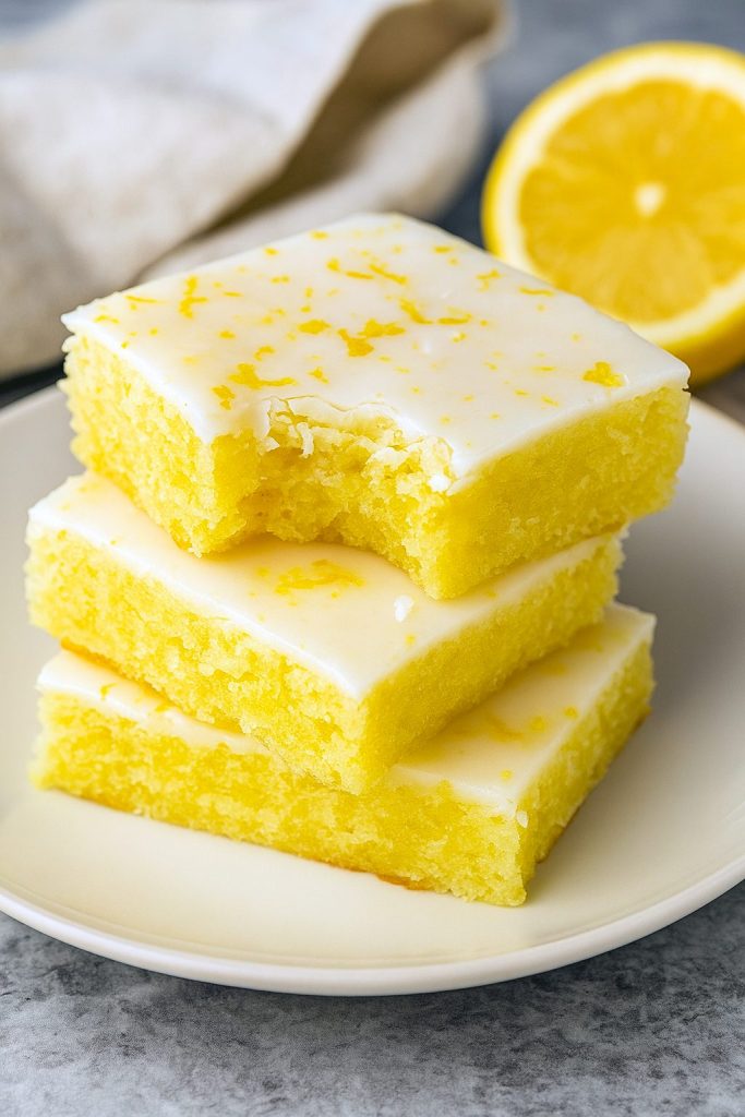 A stack of bright yellow Lemon Blondie Brownies showing moist, fudgy interiors and shiny Lemon Bars With Lemon Glaze, styled to mimic White Chocolate Lemon Brownies with drips like Lemon Brownies With White Chocolate, evoking Lemonade & Limoncello Blondies, Deserturi Raw Vegan vibes, alongside a campfire–themed Smores Dessert, surrounded by a handwritten Resep Brownies card and a layered Kek Lapis cake in the background.