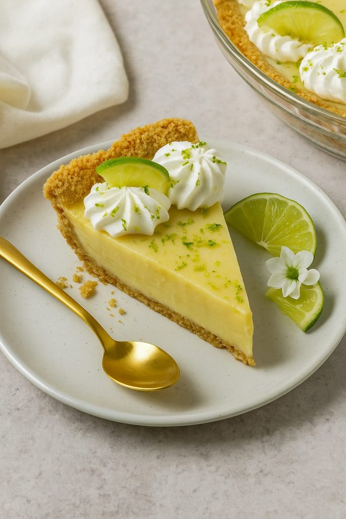 A golden graham cracker crust filled with creamy, smooth lime filling, topped with whipped cream swirls and lime zest – a chilled lime pie made with sweetened condensed milk, perfect for sweets for a party or light dessert ideas for two.