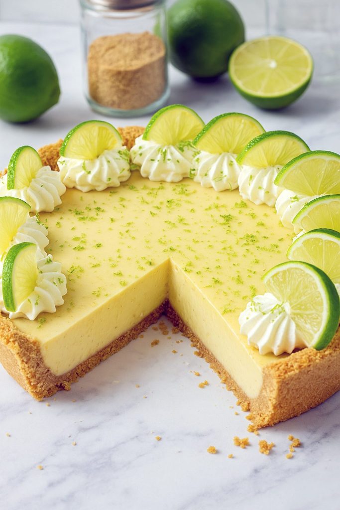 A golden graham cracker crust filled with creamy, smooth lime filling, topped with whipped cream swirls and lime zest – a chilled lime pie made with sweetened condensed milk, perfect for sweets for a party or light dessert ideas for two.