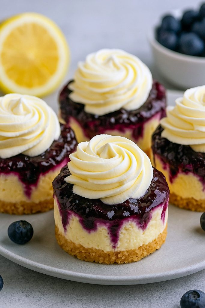 Elegant Mini Cheese Cupcakes with lemon and blueberry topping, ideal Desserts For Dessert Bar, Wine Party Desserts, or House Party Desserts, served as Individual Cheesecake Desserts for a Light Birthday Dessert or Personal Desserts For Party.