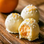 Close-up of vibrant orange-and-white Creamsicle Truffles dusted with powdered sugar, showcasing citrus zest from Orange Baking, smooth white chocolate like gourmet Candy Truffles, and styled for a perfect Truffle Recipe shoot. This shot highlights a platter of homemade Candy Recipes Homemade, evoking nostalgic S'mores moments. The tiny Mini Desserts look like elegant Homemade Candies and promise a guilt-free Healthy Dessert experience.