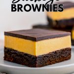 Close-up of Buckeye Brownies With Peanut Butter Frosting showcasing a stack of rich Buckeye Brownies with a sprinkle of pretzel pieces hinting at an Easy Peanut Butter Buckeye Recipe With Pretzels.