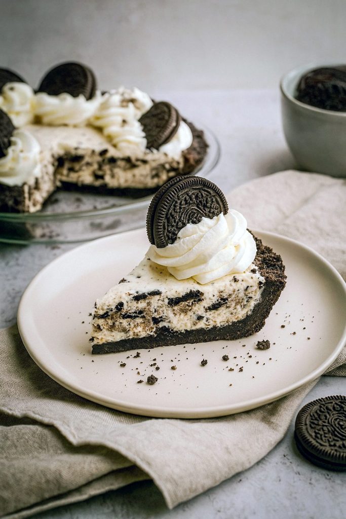 A chilled slice of no-bake Oreo pie on a white plate, showing a dark cookie crust, creamy filling flecked with chopped Oreos, and a dusting of cookie crumbs on top.