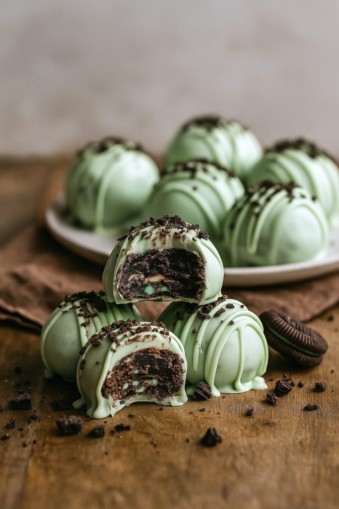 Close-up of chocolate-covered Mint Oreo Balls with green sprinkles, displayed on a white plate. These no-bake Summer Truffles are perfect Oreo Mint Truffles for holiday or summer parties, and make delicious St Pattys Desserts.