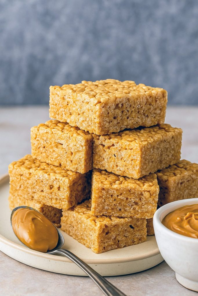 Freshly cut squares of Peanut Butter Rice Crispies, showcasing the gooey interior of these Peanut Butter Rice Krispie Treats drizzled with melted butter.