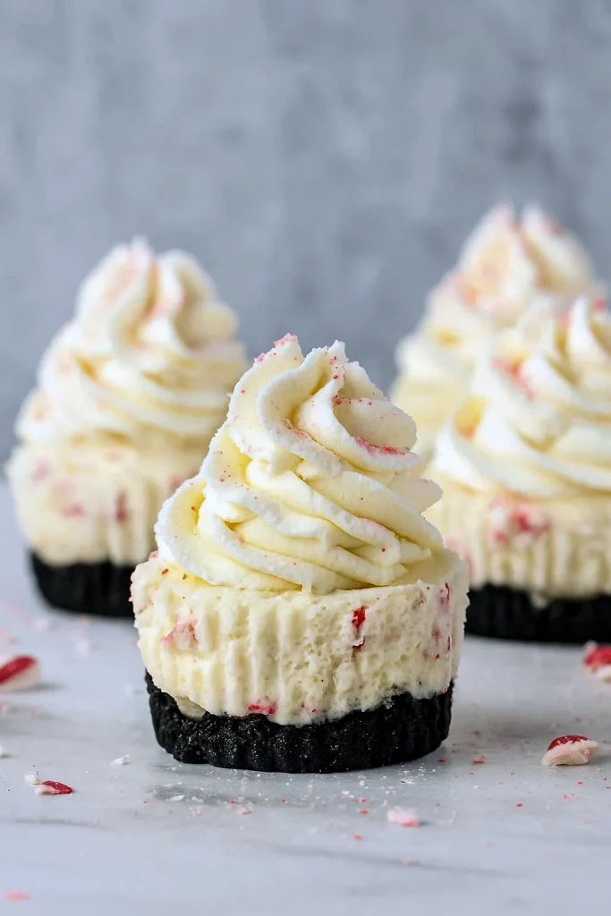 Mini no-bake Peppermint Cheesecakes topped with whipped cream and crushed peppermint—perfect Holiday Finger Desserts and a festive twist on Pie Recipes For Christmas or Christmas Desserts Not Cookies.