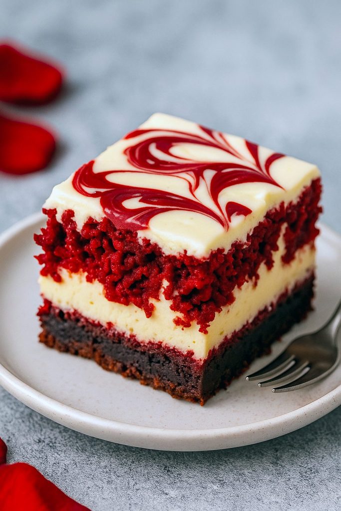 Fudgy Red Velvet Cheesecake Dessert bars with a creamy swirl, perfect for Red Velvet Baking Recipes, Baking Recipes Thanksgiving, or Sweets For A Party.
