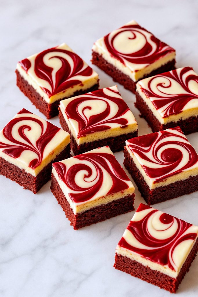 Fudgy Red Velvet Cheesecake Dessert bars with a creamy swirl, perfect for Red Velvet Baking Recipes, Baking Recipes Thanksgiving, or Sweets For A Party.