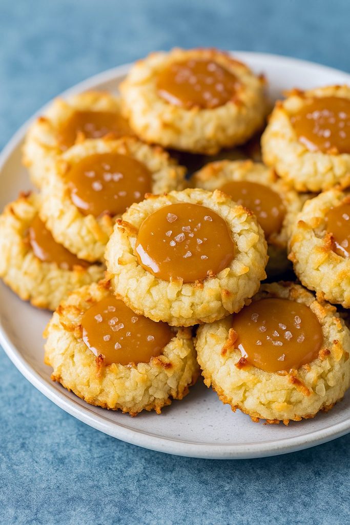 Plate of Thumbprint Cookies coated in coconut, topped with rich Coconut Caramel filling, evoking the creaminess of a Budino Recipe and the texture of a Culinary Hill Pizzelle, showcasing a Thumbprint Cookies Recipe that yields the best Caramel Cookies. These Coconut Cookies are Delicious Cookie Recipes brought to life, perfect for Cooking Classy treats.