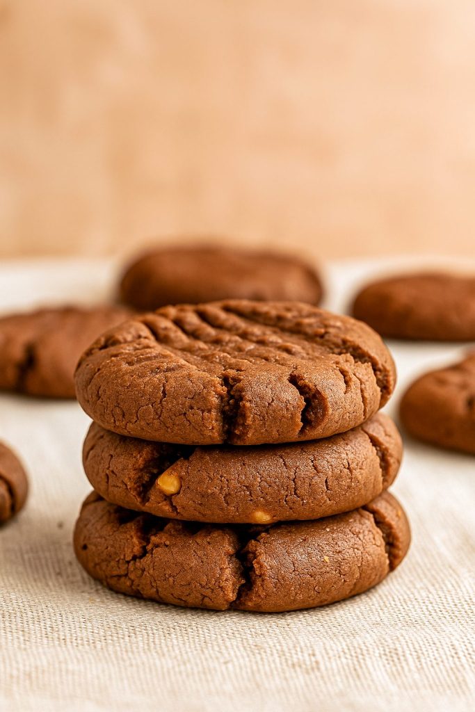 Four thick, crisscross-patterned cookies featuring deep chocolate dough and swirls of peanut butter, cooling on a wire rack.