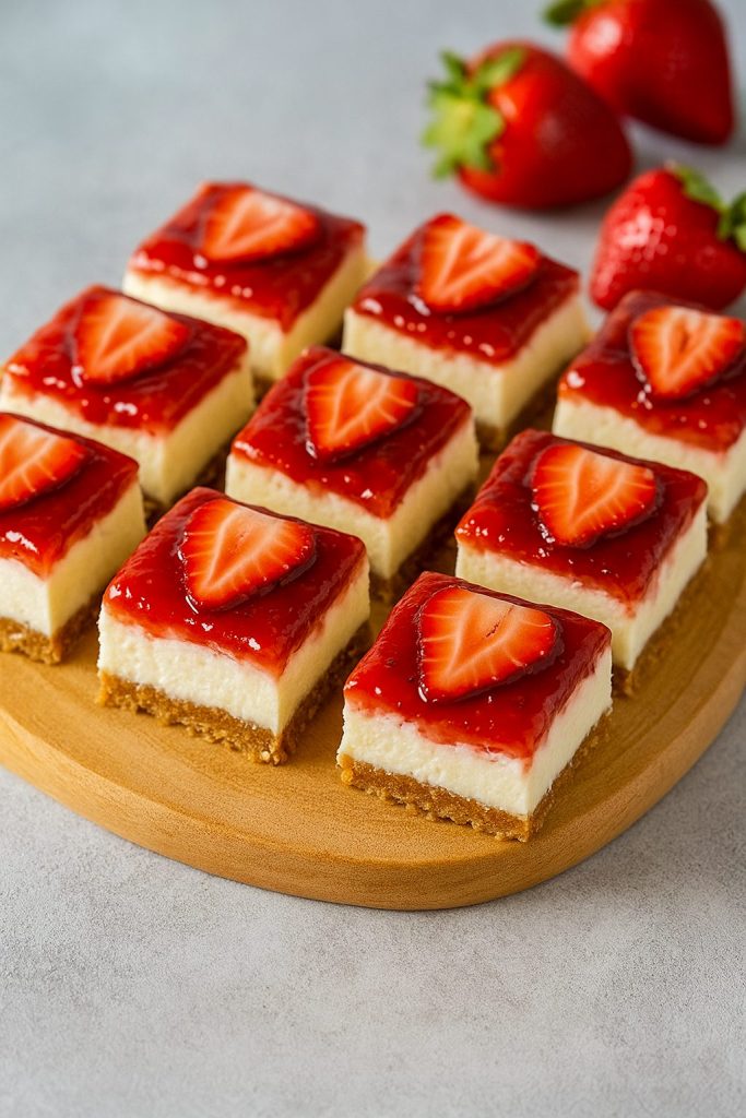 No-bake strawberry cheesecake bars topped with fresh berries, perfect BBQ Sweets Treats and Easy Made Snacks for summer; creamy filling with graham cracker crust, great Bars To Bake, Bars For Potluck, or Things To Bake For Mother's Day using real strawberries – adaptable into Easy Desserts Dairy Free and sized as Easy Desserts For 4 People.