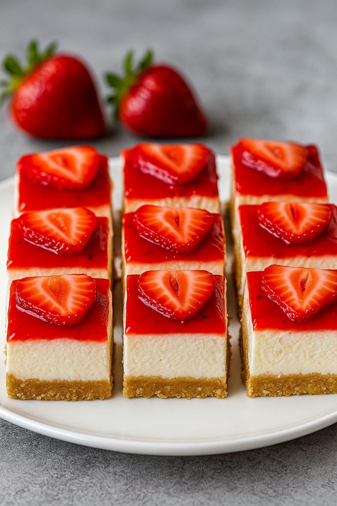 No-bake strawberry cheesecake bars topped with fresh berries, perfect BBQ Sweets Treats and Easy Made Snacks for summer; creamy filling with graham cracker crust, great Bars To Bake, Bars For Potluck, or Things To Bake For Mother's Day using real strawberries – adaptable into Easy Desserts Dairy Free and sized as Easy Desserts For 4 People.