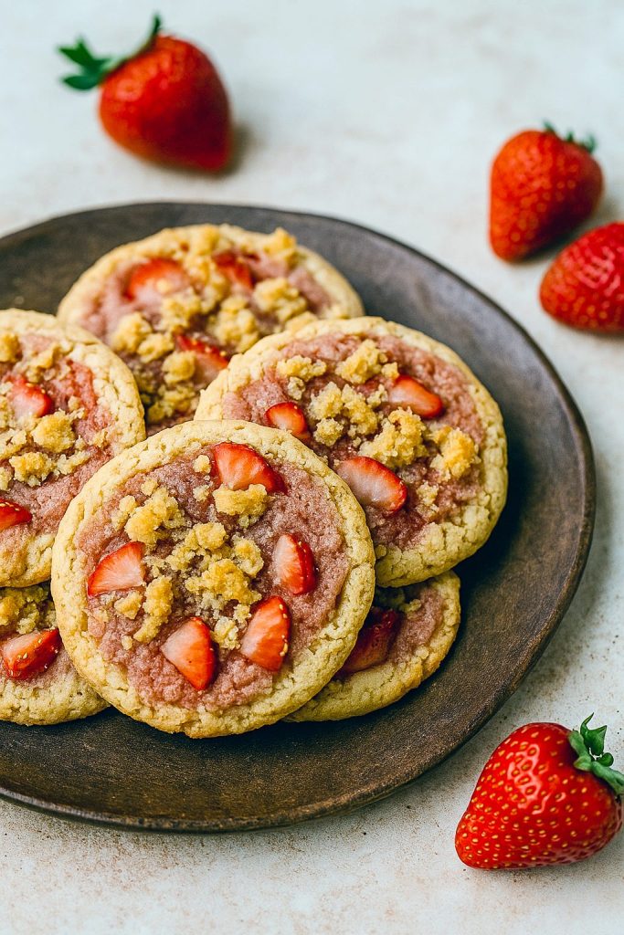 Close-up of Strawberry Crunch Cookies showing a crisp pink strawberry coating and white chocolate chips nestled in a soft, chewy center.