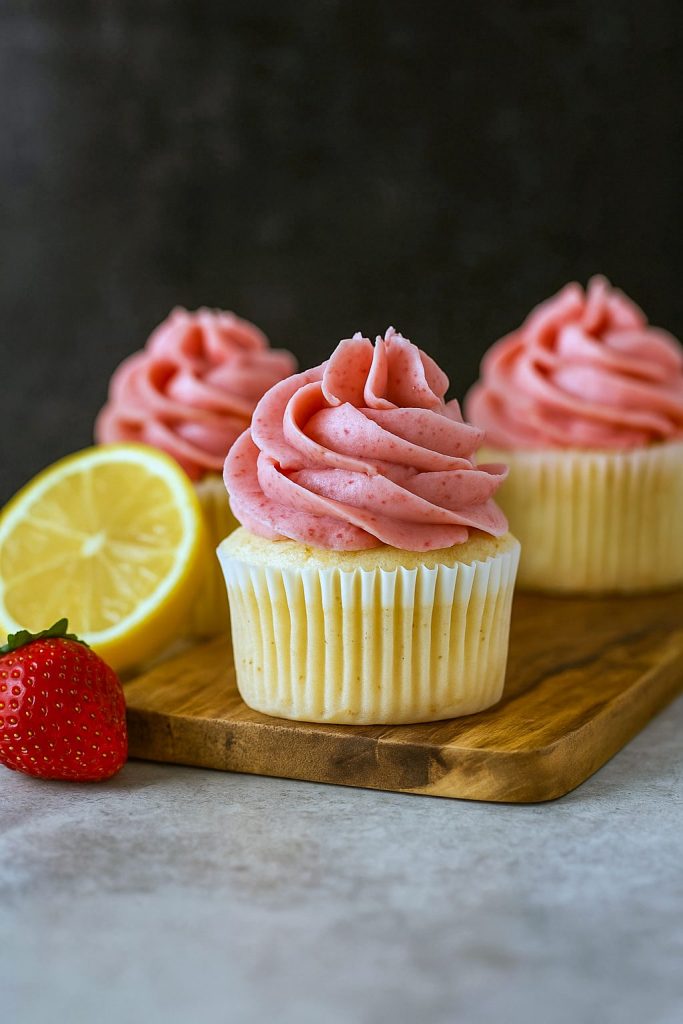 A dozen bright yellow lemon cupcakes topped with swirls of pink Strawberry Lemon Frosting, showcasing delightful Summer Dessert Cupcakes, ideal Spring Cupcakes Easy, combining Things To Bake With Lemons and Spring Flavors Sweets for Fun Yummy Desserts; these treats double as Easy Treats To Sell Bake Sale, perfect Summer Treats Recipes and Spring Themed Food Ideas.